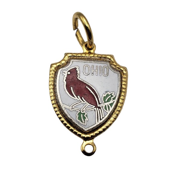 Vintage Ohio Red Cardinal State Bird Shield Pendant Charm - Picture 1 of 7